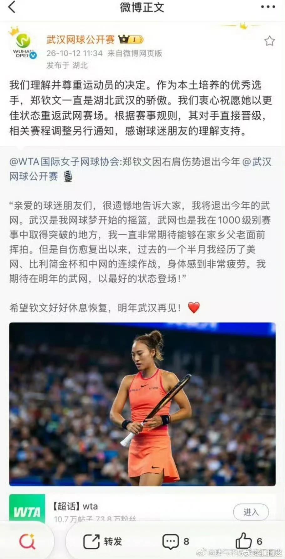 主办方不懂规则？武网官宣郑钦文退赛时误称对手直接晋级